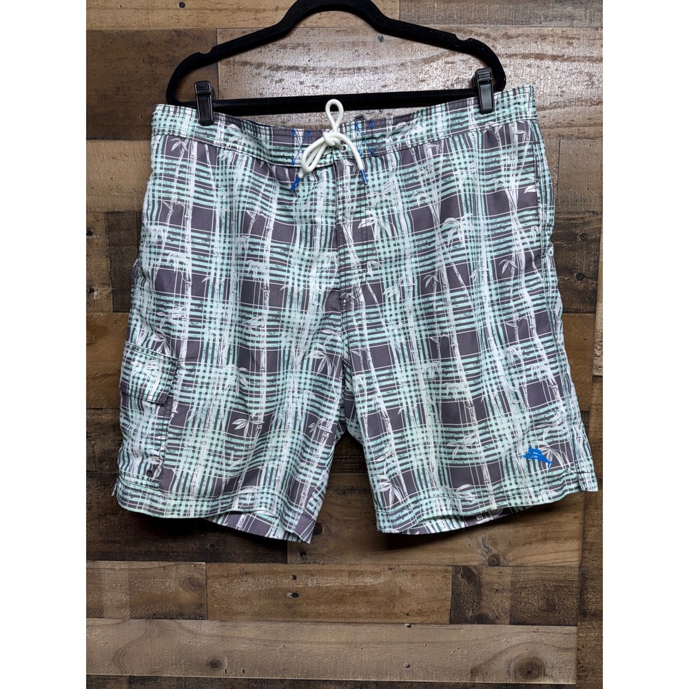 Tommy Bahama Mens Plaid Bamboo Print Swim Trunks Grey Mint Green Board Shorts L
